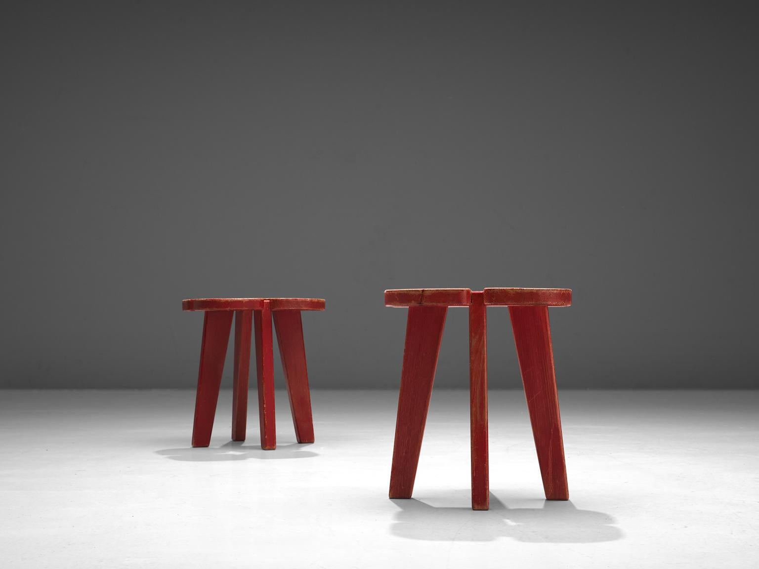 Painted Lisa Johansson-Pape Set of Four Red 'Apila' Stools in Pine