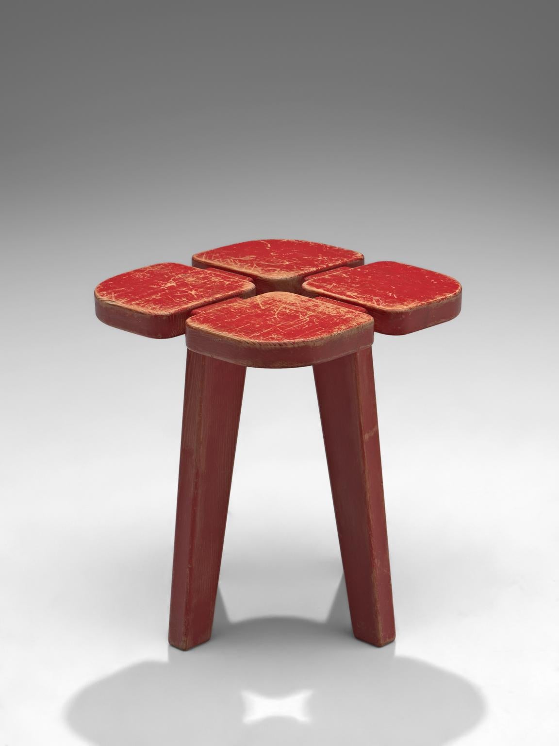 Lisa Johansson-Pape Set of Four Red 'Apila' Stools in Pine In Good Condition In Waalwijk, NL
