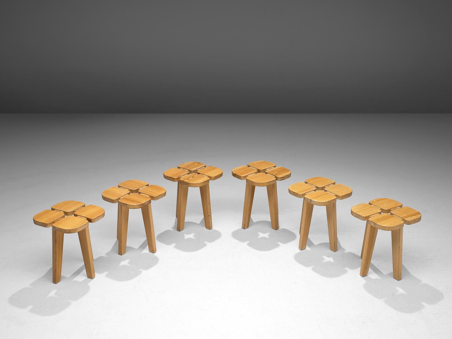 Mid-Century Modern Lisa Johansson-Pape Set of Six 'Apila' Stools in Solid Pine