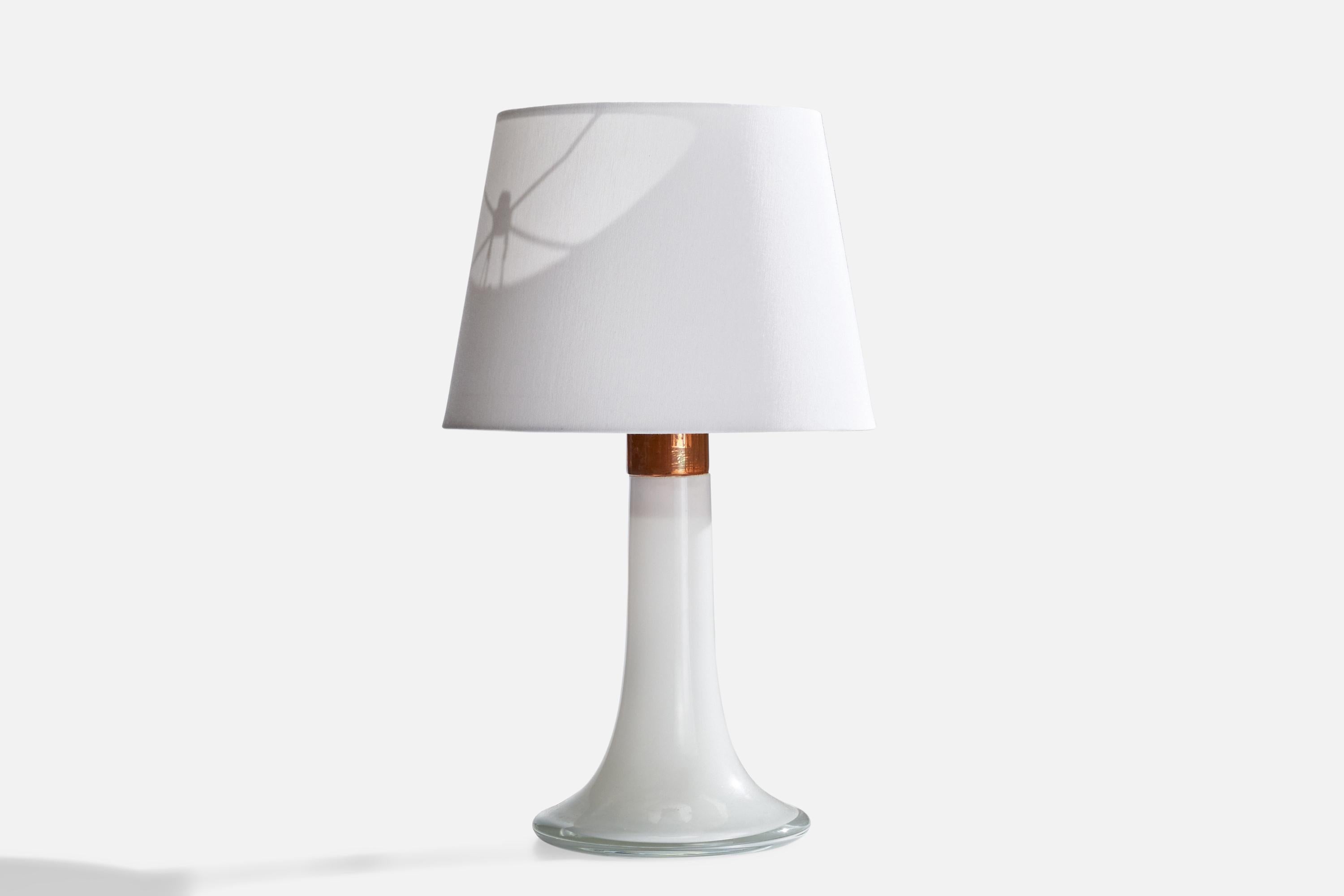 A copper and opaline glass table lamp, designed by Lisa Johansson-Pape and produced by Ornö, OY, Finland, 1960s.

Dimensions of Lamp (inches): 15” H x 7.5”  Diameter
Dimensions of Shade (inches): 9” Top Diameter x 12” Bottom Diameter x 9”