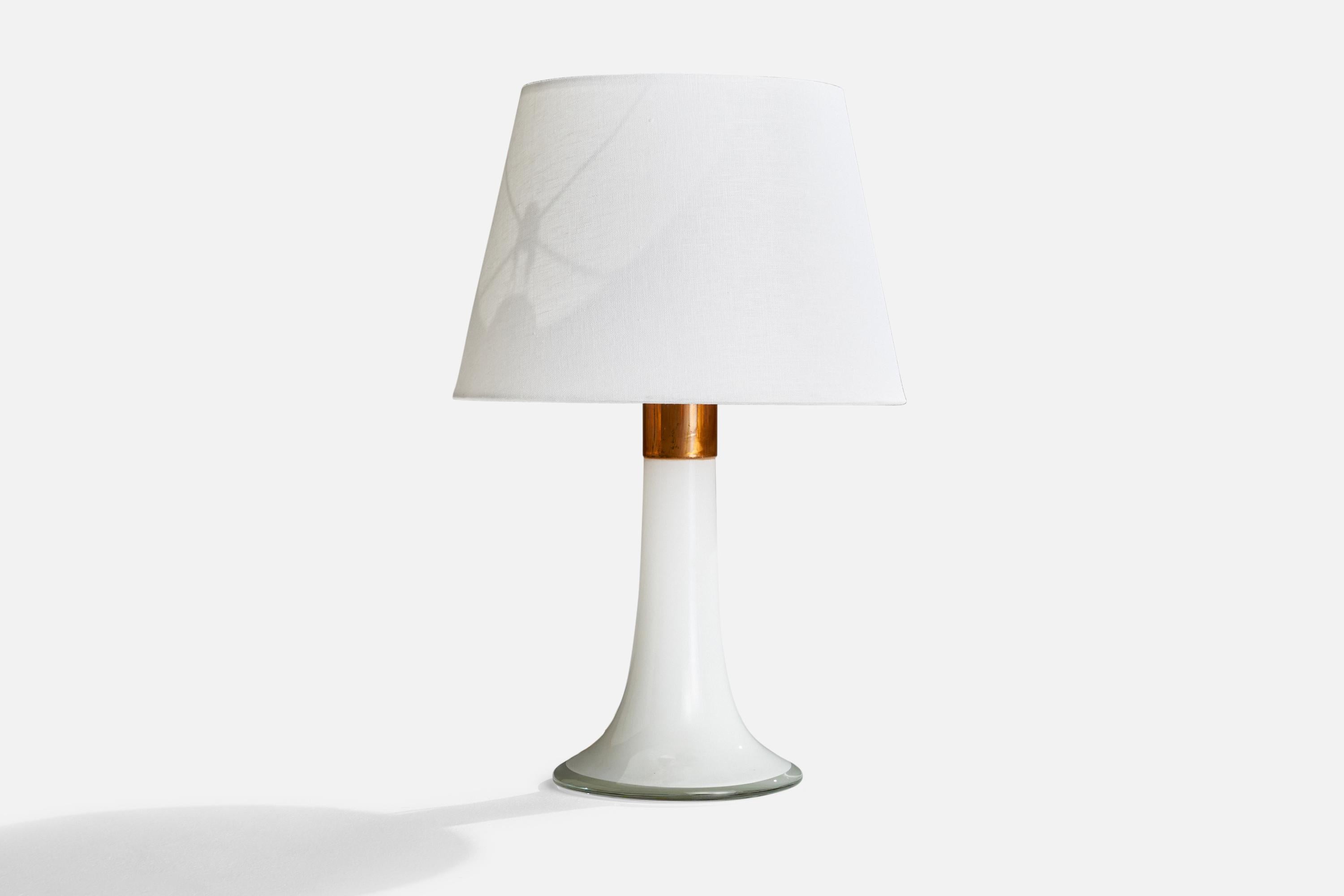 A white-colored glass and copper table lamp designed by Lisa Johansson-Pape and produced by Ornö, Finland, 1960s.

Dimensions of Lamp (inches): 15” H x 8.25”  Diameter
Dimensions of Shade (inches): 10