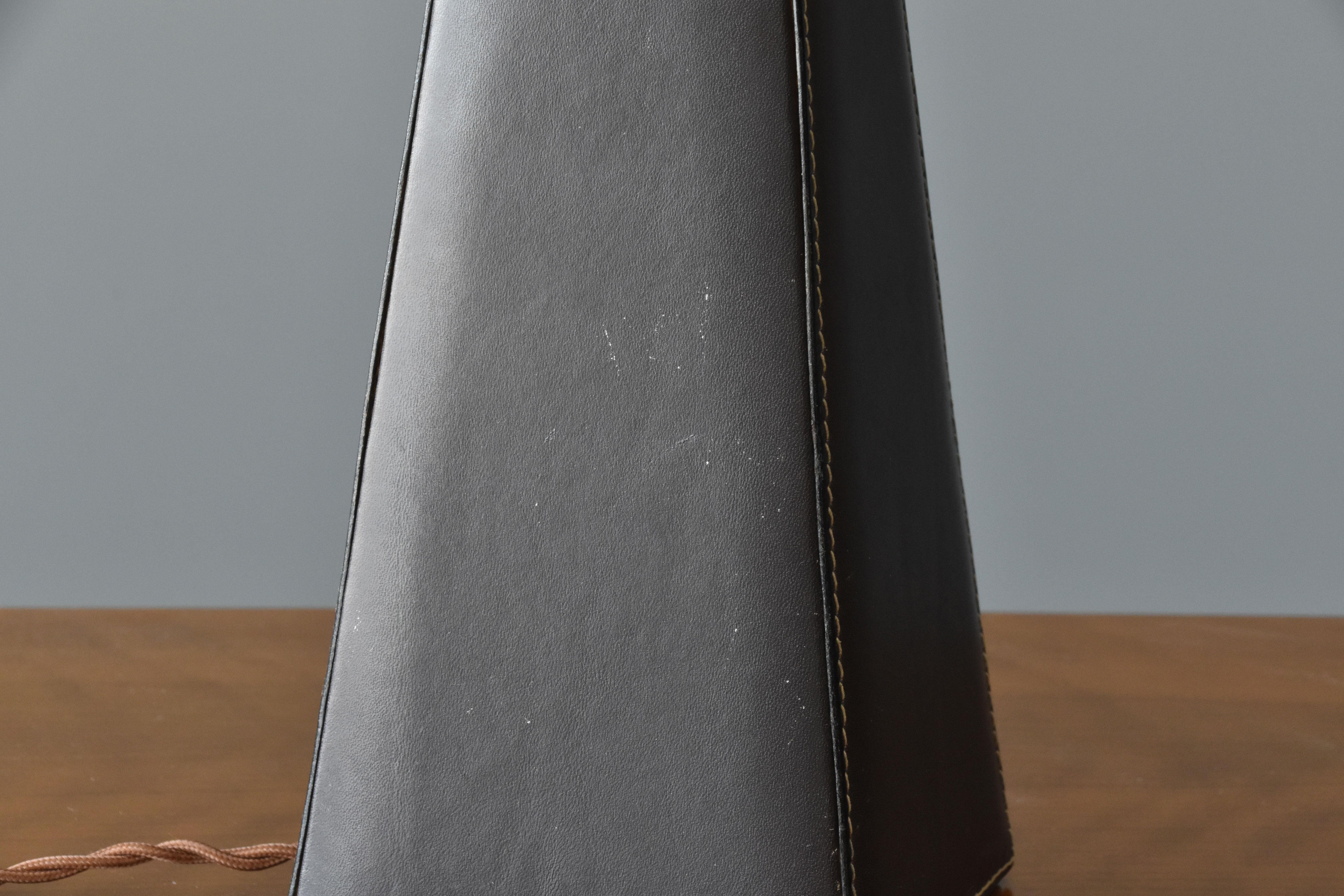 Mid-20th Century Lisa Johansson-Pape, Table Lamp, Leather, Wood, Brass, Ornö, Finland, 1960s