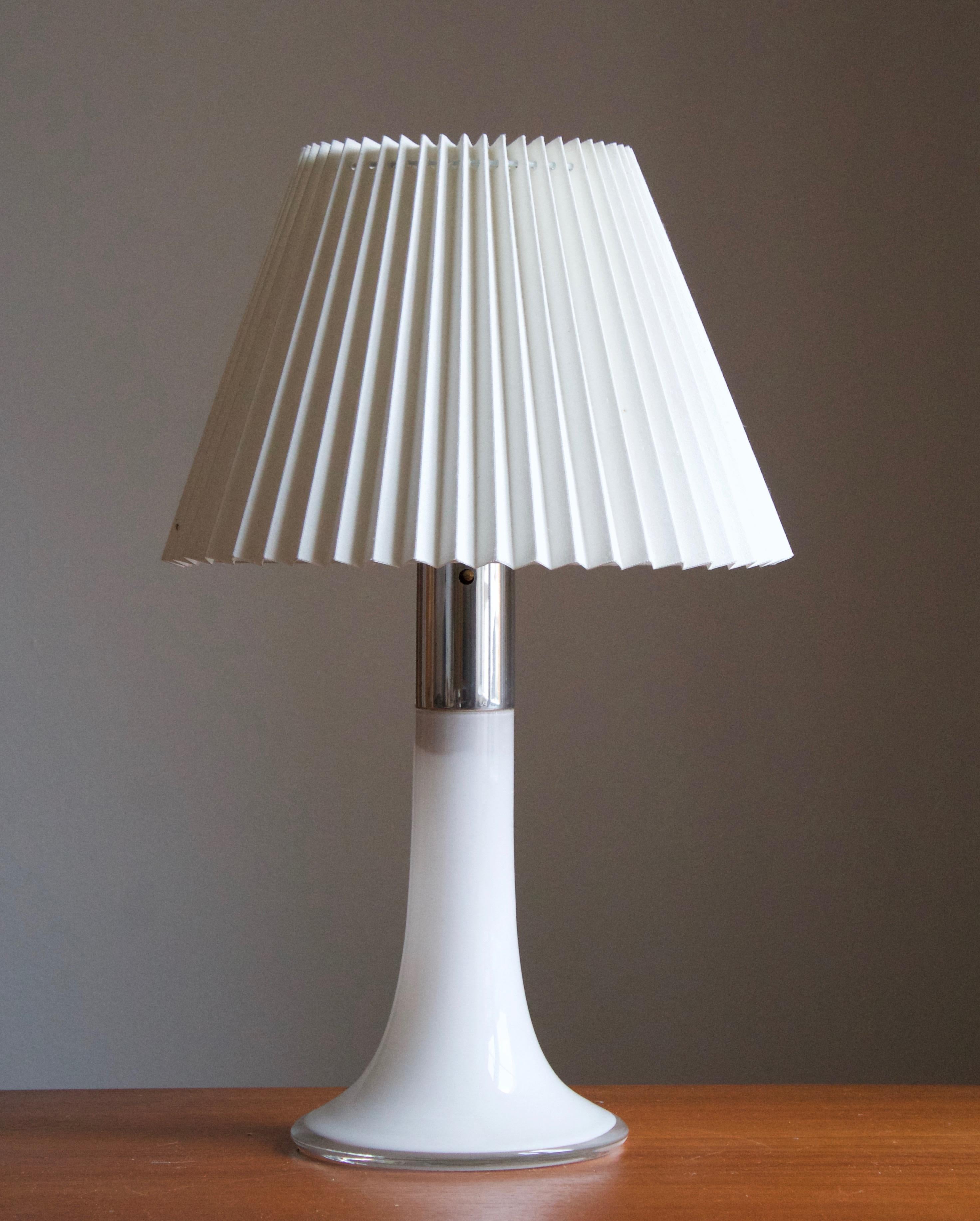 A table lamp, designed by Lisa Johansson-Pape in 1954. Produced in the 1960s by Oy Stockmann-Ornö AB. Executed in opaque glass and chrome metal.

Stated measurements excluding lampshade. Height includes socket. Sold without lampshades.

  