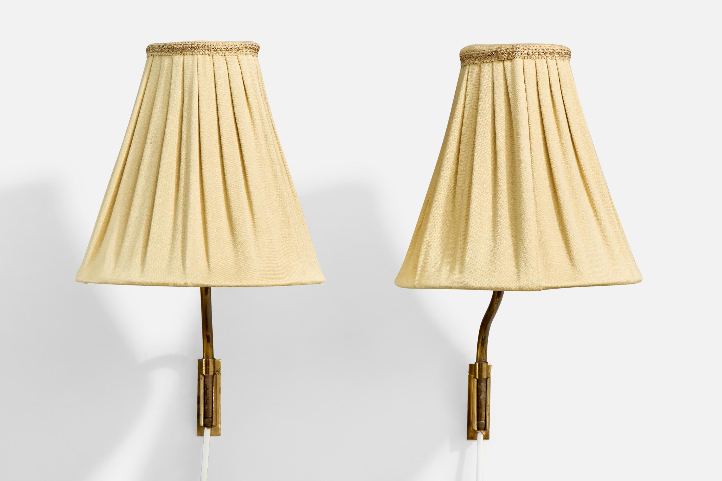 Mid-Century Modern Lisa Johansson-Pape, Wall Lights, Brass, Fabric, Finland, 1950s For Sale