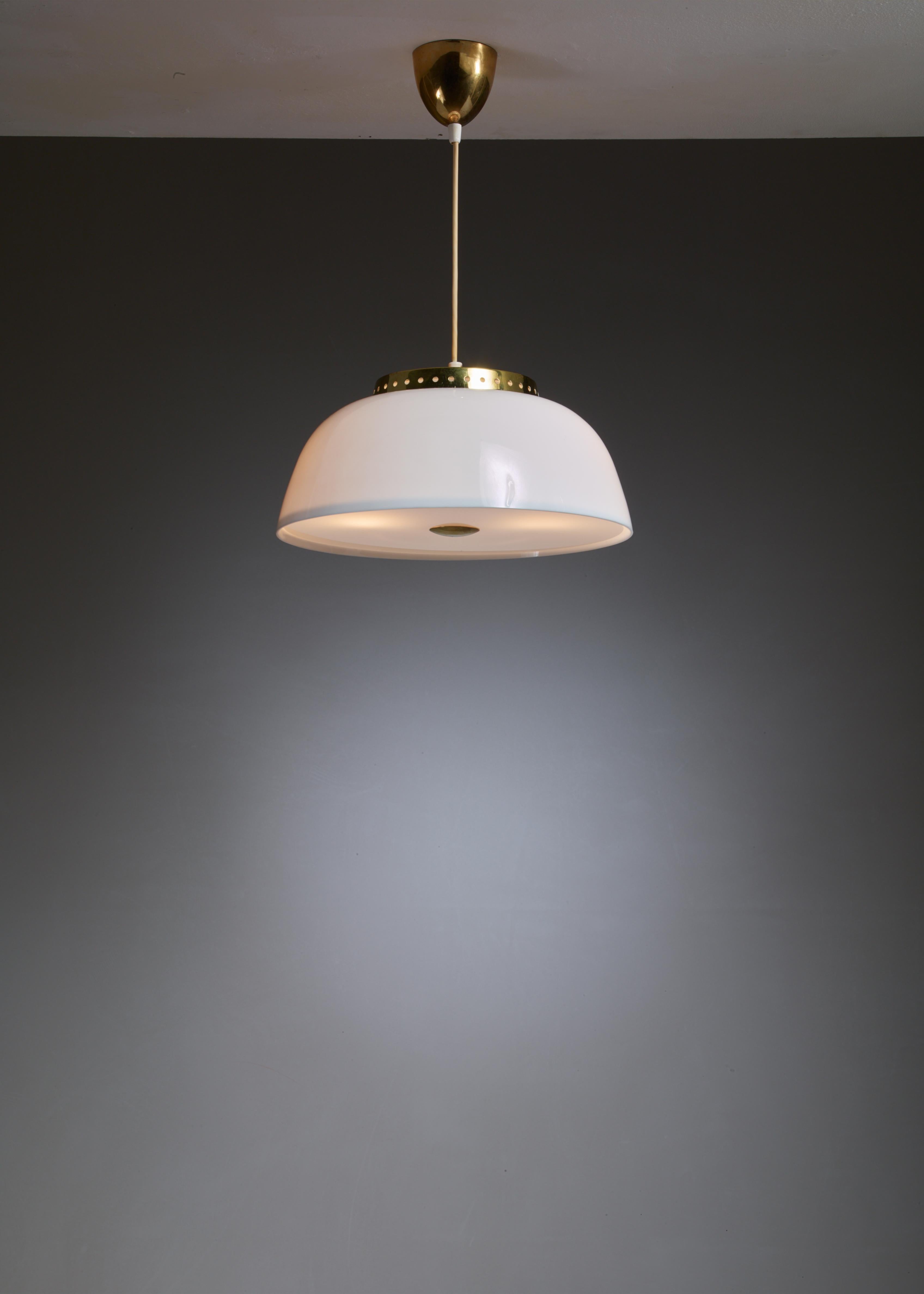 Scandinavian Modern Lisa Johansson-Pape White Acrylic and Brass Pendant for Orno, Finland, 1950s For Sale