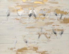 Expanding - textural brown and white palette oil painting with birds on a wire