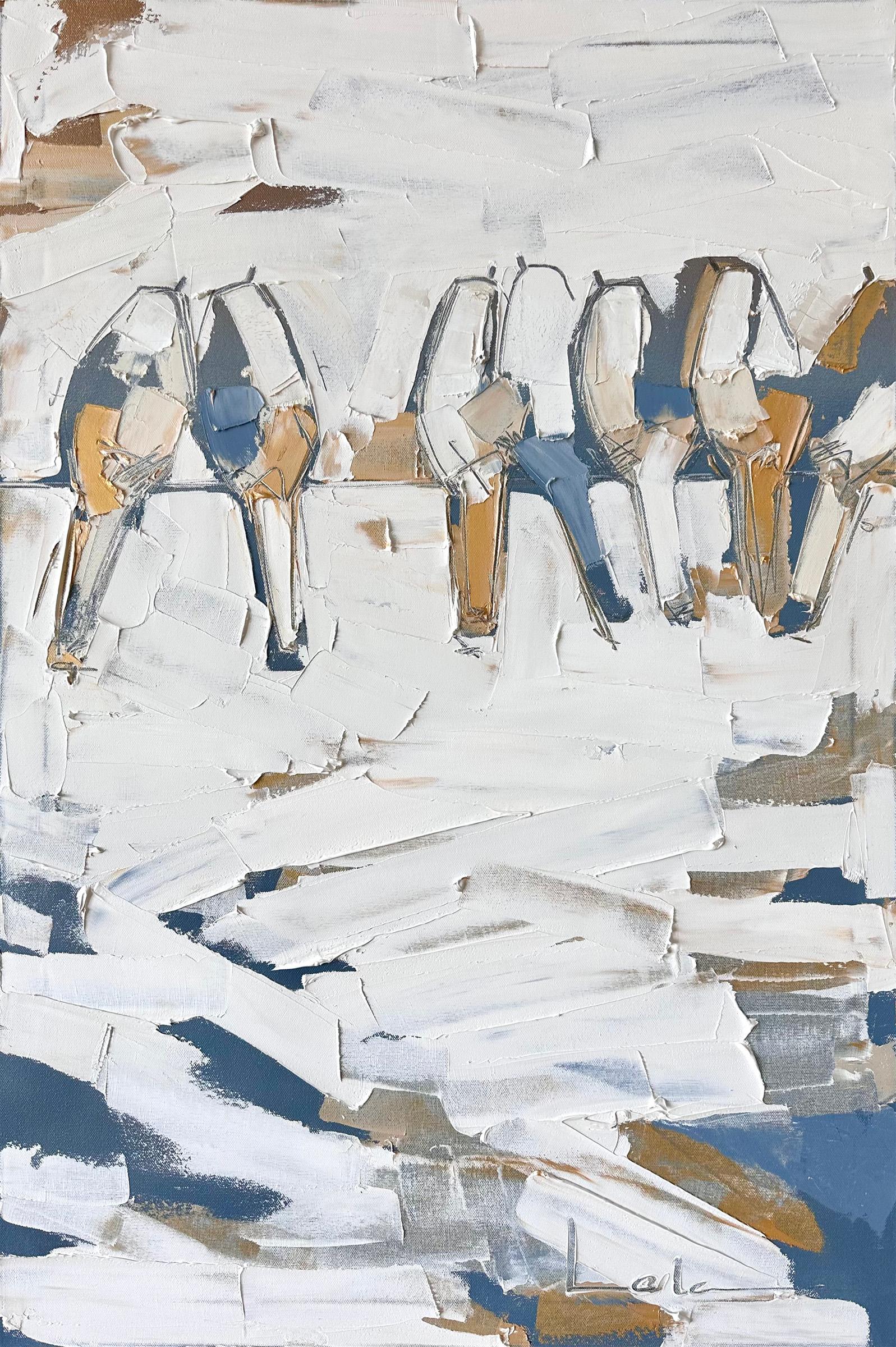 Glow 1 - textural blue, grey, brown and white oil painting with birds on a wire