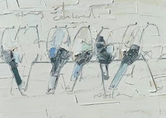 Got You - textural blue, grey, beige and white oil painting with birds on a wire