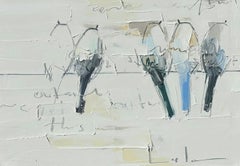 Got You - textural blue, grey, beige and white oil painting with birds on a wire