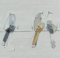 Grace - textural blue, grey, beige and white oil painting with birds on a wire