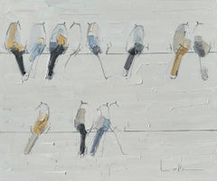 Grace - textural blue, grey, beige and white oil painting with birds on a wire