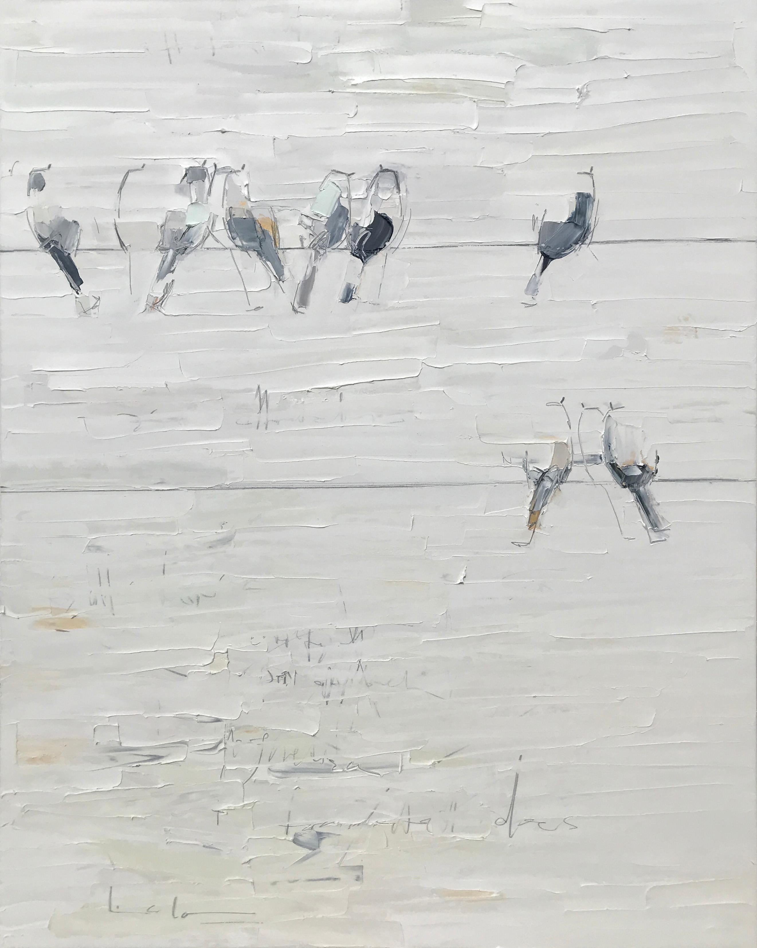 Magnetism - textural soft white grey palette oil painting with birds on a wire