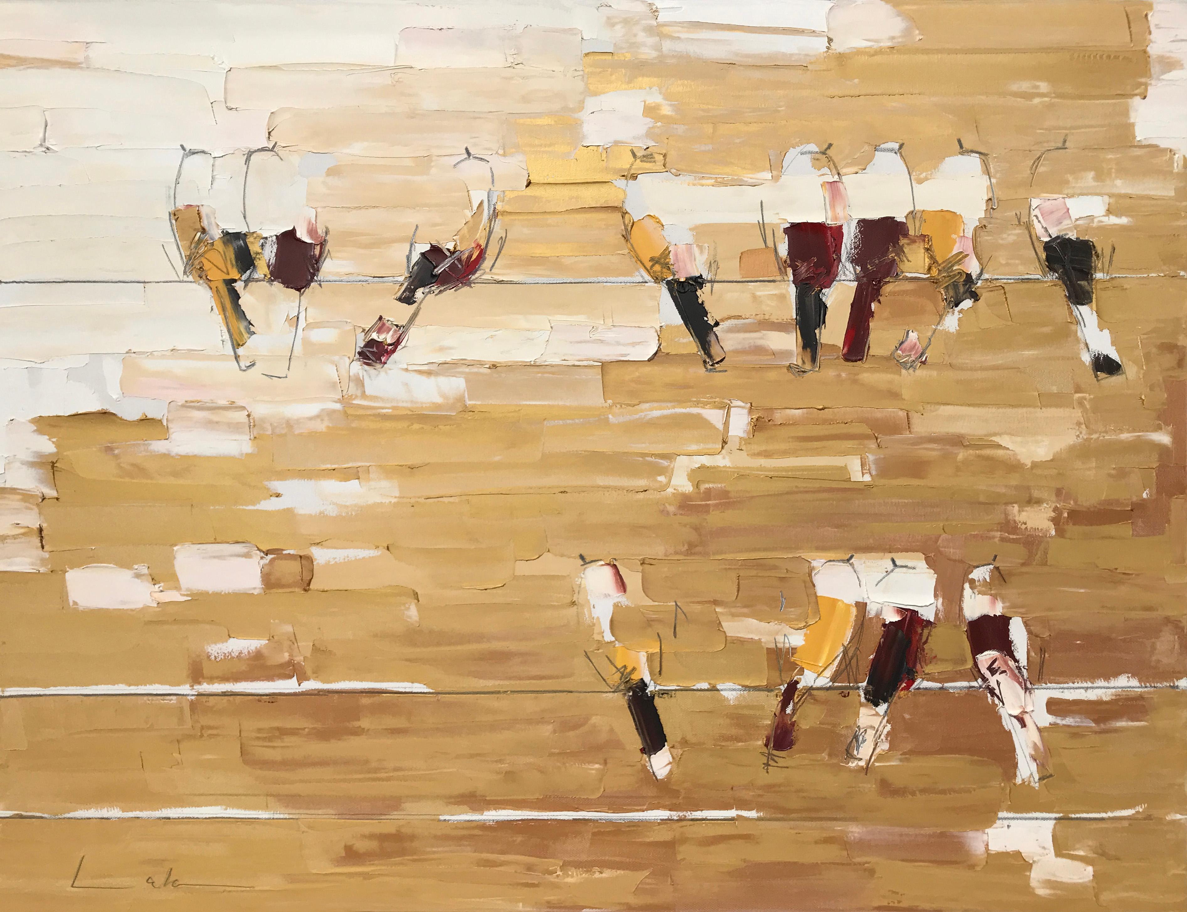 Lisa Lala Animal Painting - Parallel - textural brown and white palette oil painting with birds on a wire