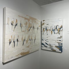 Rosebushes - textural blue, orange and white oil painting with birds on a wire