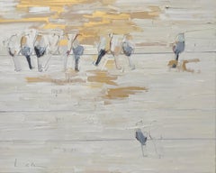 Still there - textural brown and white palette oil painting with birds on a wire