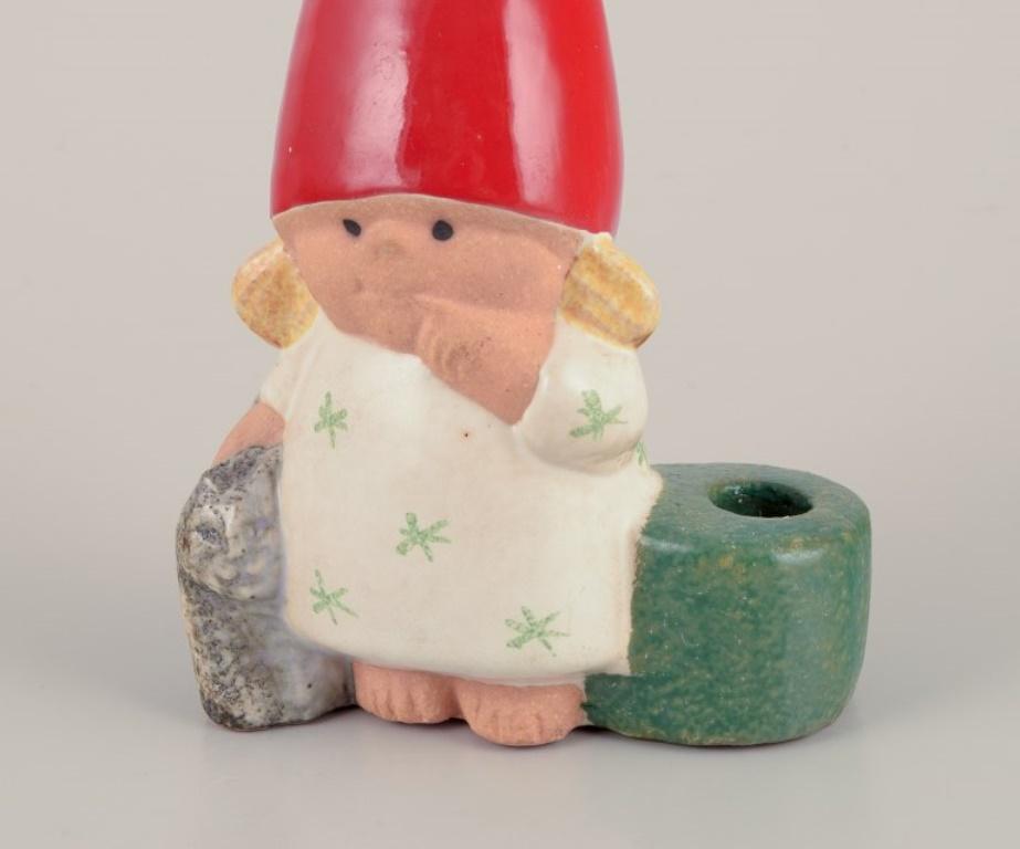 Scandinavian Modern Lisa Larson for Gustavsberg. Ceramic candlestick. Girl elf and cat. Late 20th C. For Sale