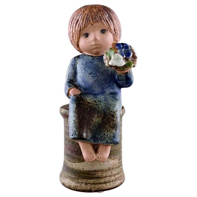 Lisa Larson for Gustavsberg, Girl with Flowers in Glazed Ceramics, 20th Century For Sale