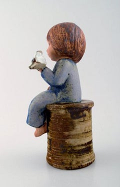 Lisa Larson for Gustavsberg, Rare Stoneware Figure, Girl with Flowers