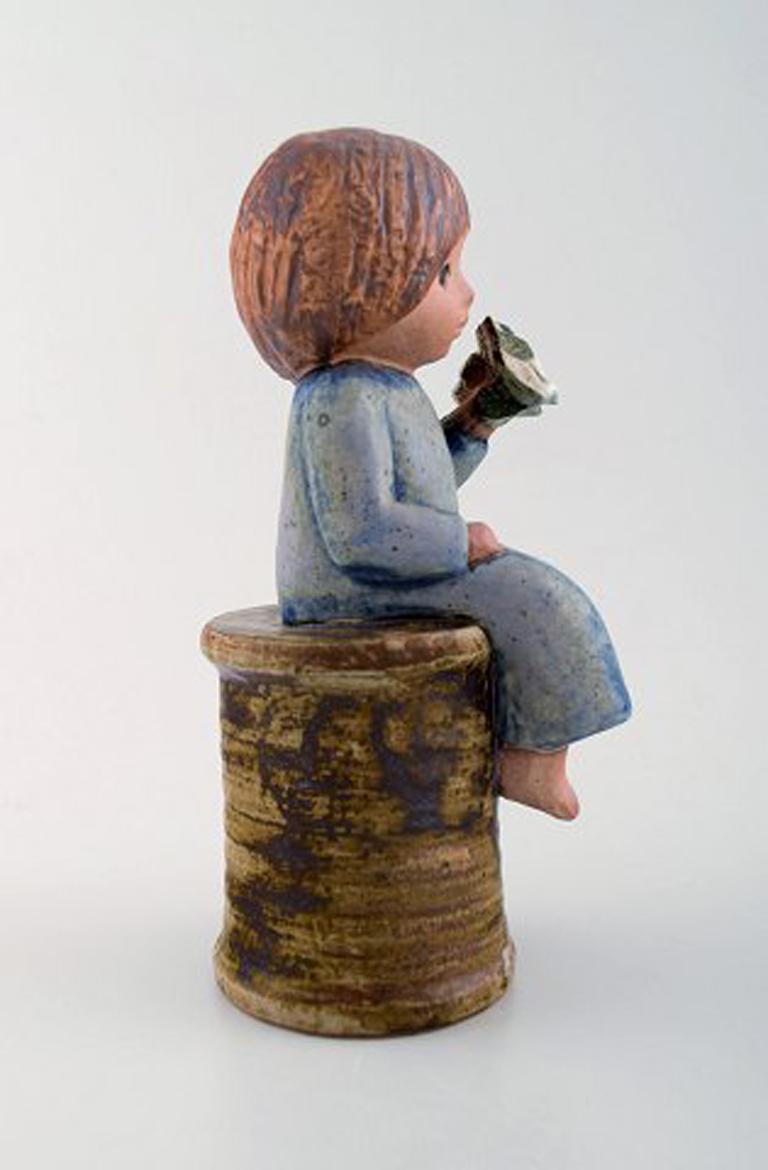 Swedish Lisa Larson for Gustavsberg, Rare Stoneware Figure, Girl with Flowers For Sale