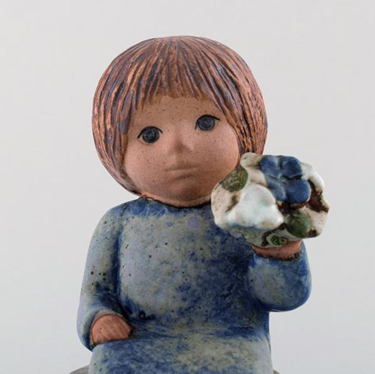 Lisa Larson for Gustavsberg, Rare Stoneware Figure, Girl with Flowers In Excellent Condition For Sale In Copenhagen, DK
