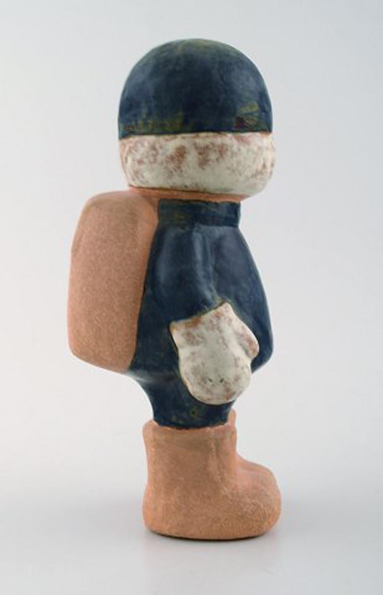 Scandinavian Modern Lisa Larson for Gustavsberg, Rare Stoneware Figure of Boy with School Bag