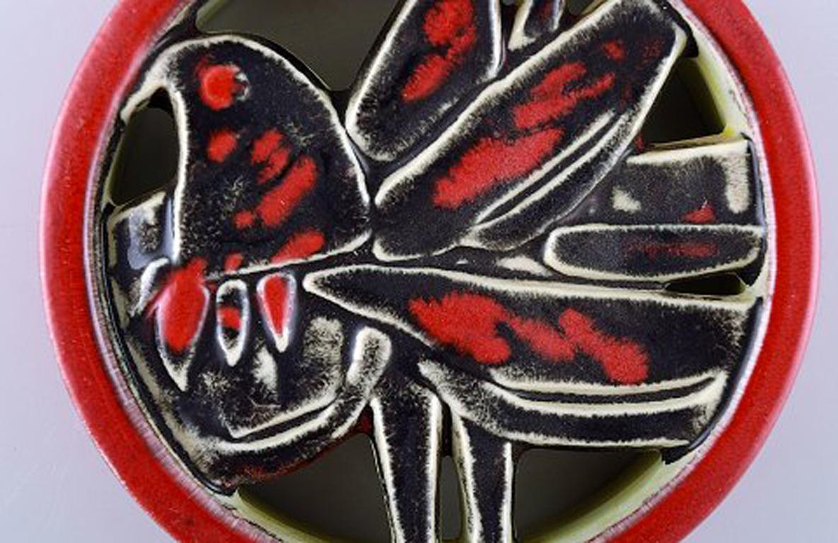 Swedish Lisa Larson for Gustavsberg, Rare Wall Decoration, Bird in Red and Black Glaze
