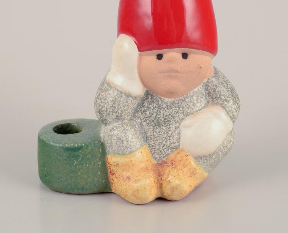 Scandinavian Modern Lisa Larson for Gustavsberg, Sweden. Ceramic candlestick. Sitting elf. 20th C. For Sale