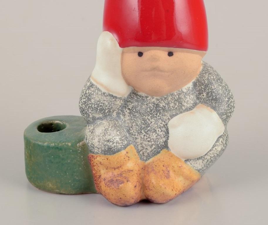Scandinavian Modern Lisa Larson for Gustavsberg, Sweden. Ceramic candlestick. Sitting elf. For Sale