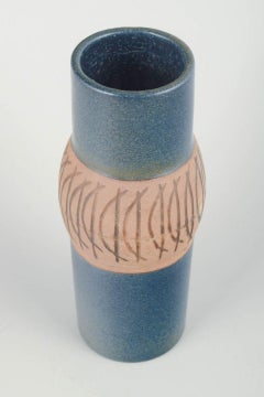 Lisa Larson, Gustavsberg. Cylindrical stoneware vase with graphic motif. 1960s