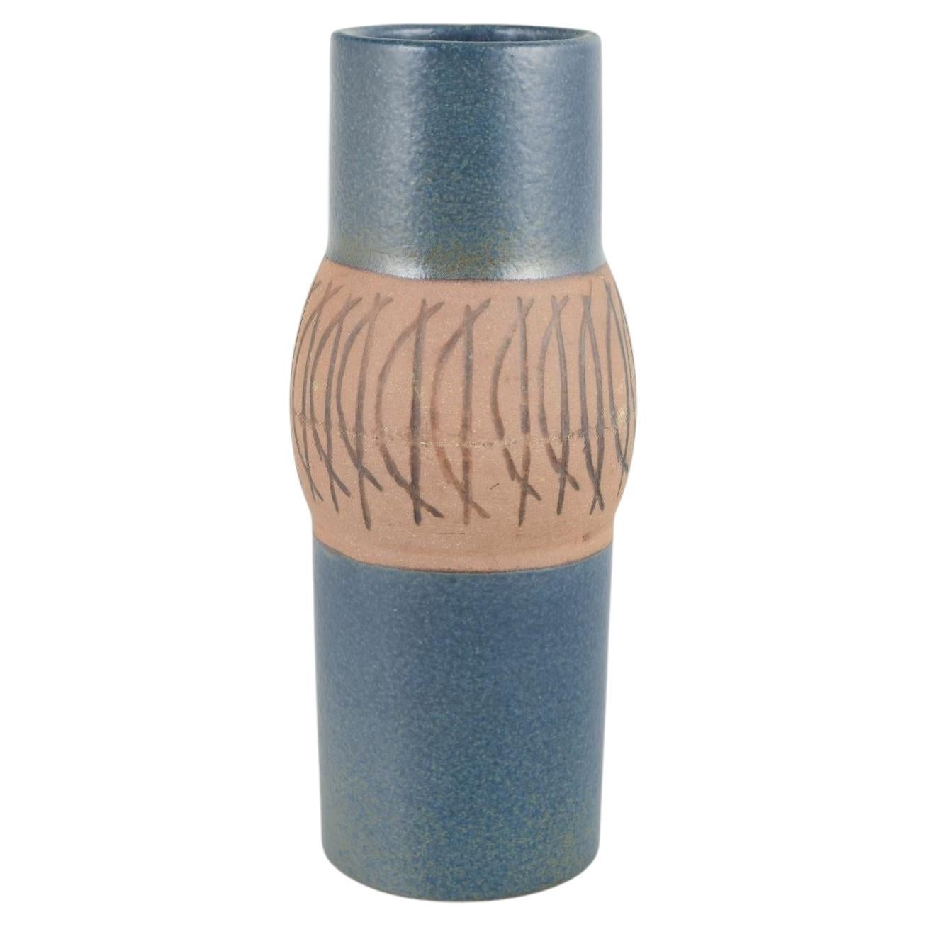 Lisa Larson, Gustavsberg. Cylindrical stoneware vase with graphic motif. 1960s For Sale