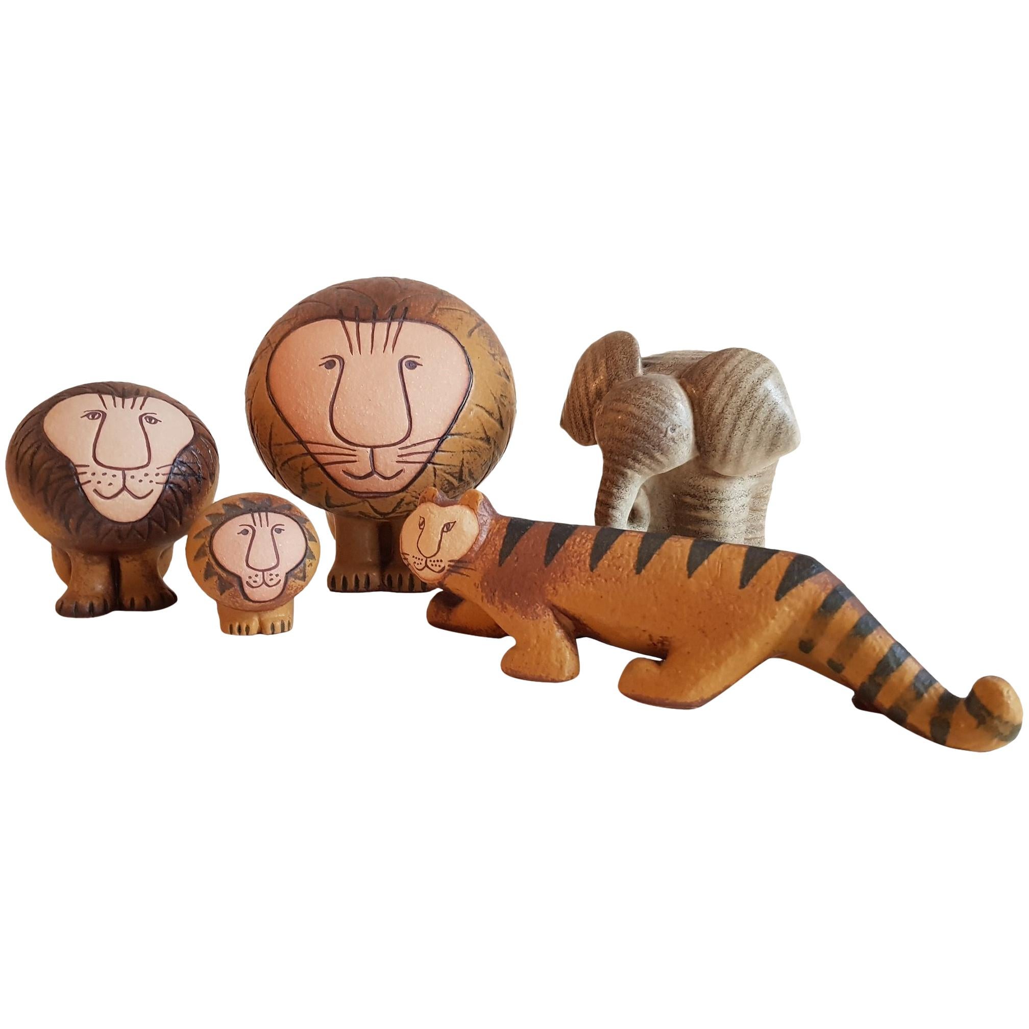 Lisa Larson Gustavsberg Stoneware Group of Animals - 3 Lions, Tiger and Elephant For Sale