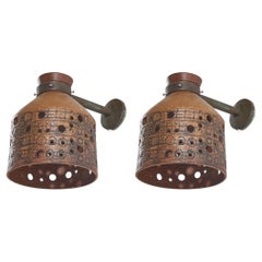 Vintage Lisa Larson, Sizeable Wall Lights, Copper, Teak, Stoneware, Sweden, 1960s