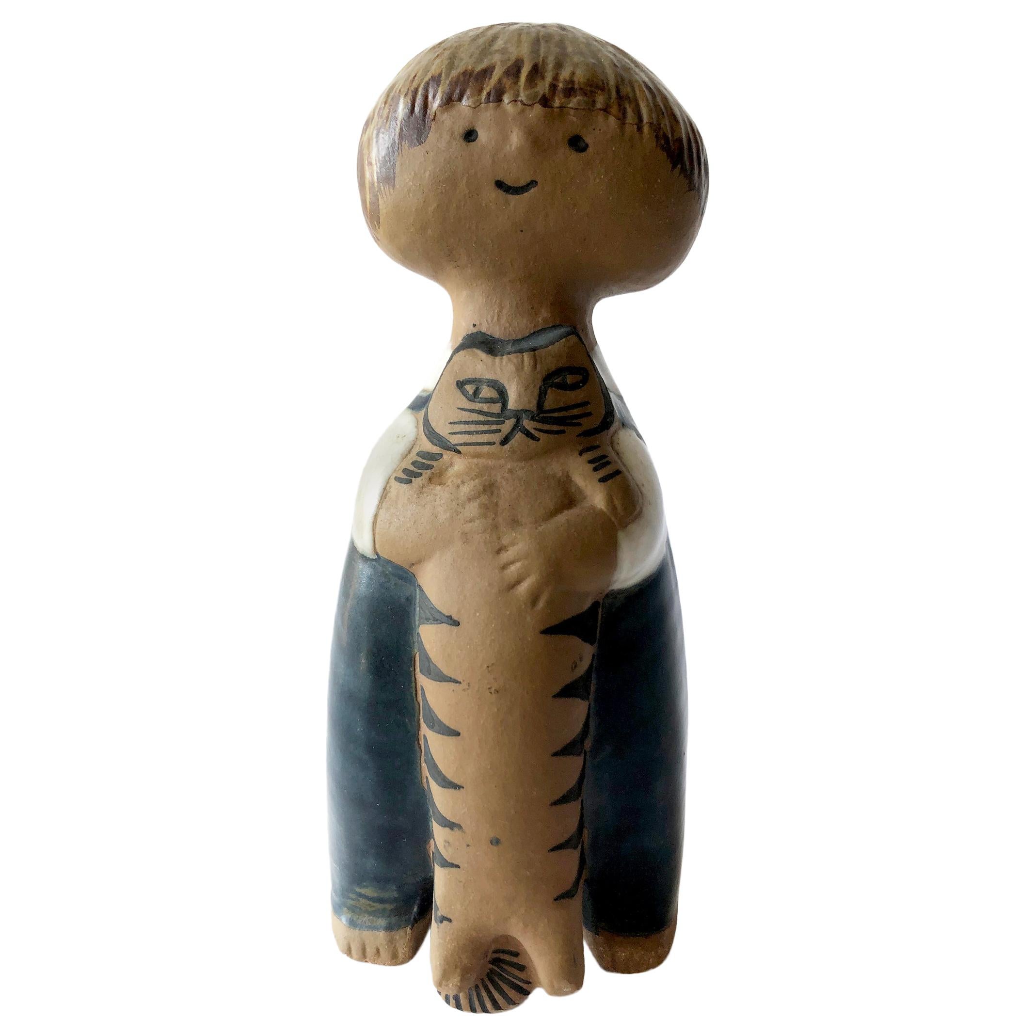 Lisa Larson for Gustavsberg Pelle Child with Cat Figural Sculpture