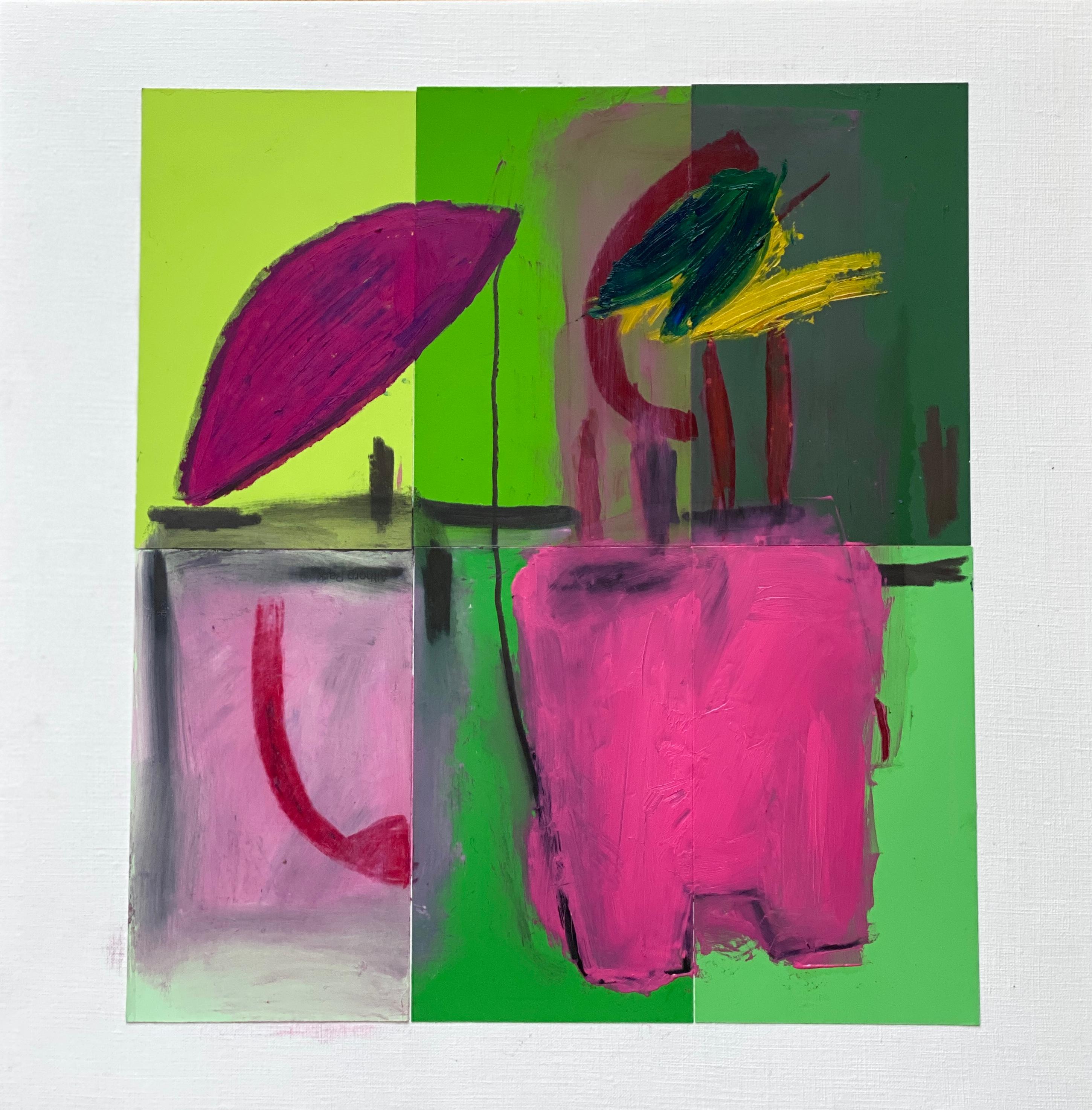 Botanical Twelve, green and pink collage on paper - Mixed Media Art by Lisa Lightman