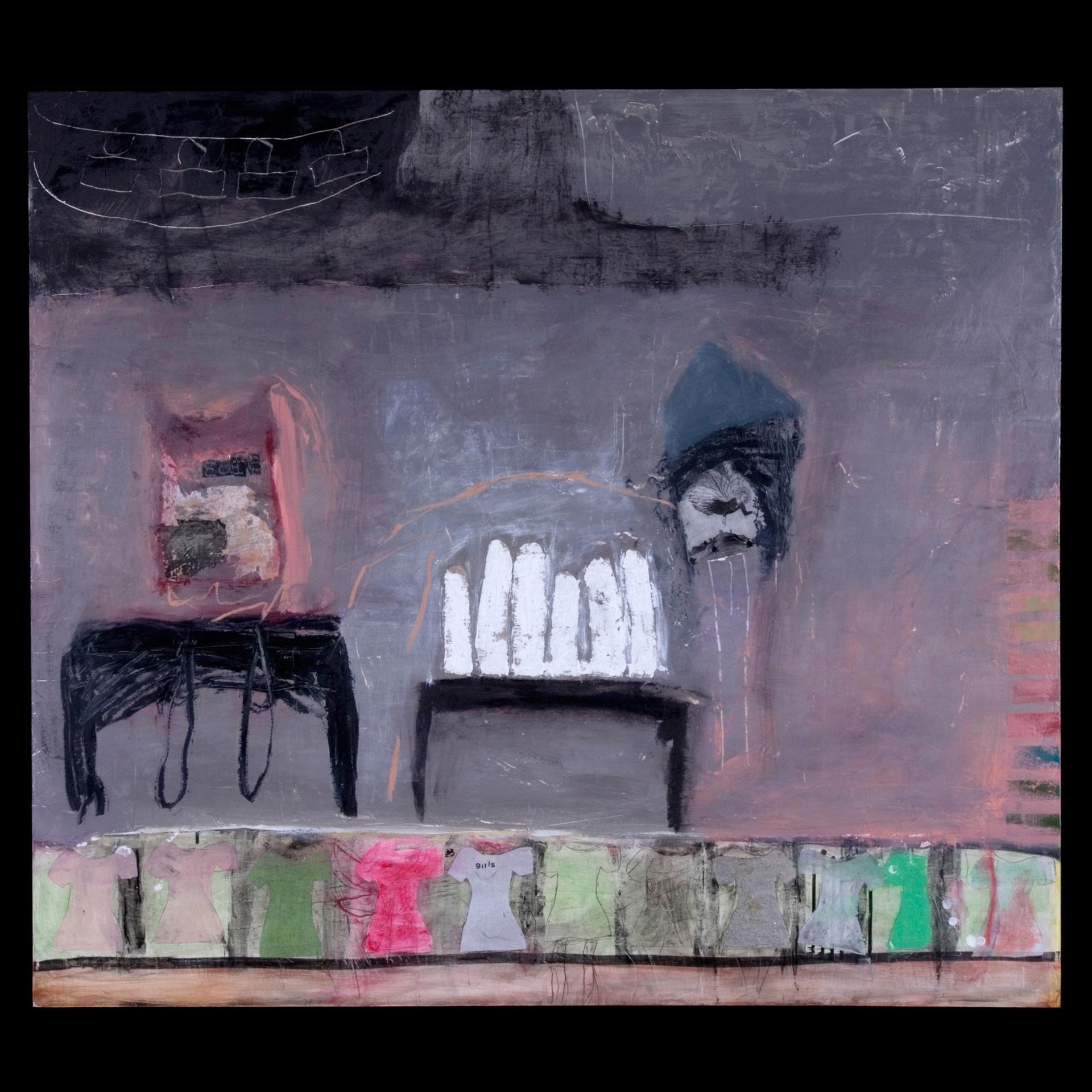 Mädchen von Juarez: Stoff, Öl, Acryl, auf Karton, 2007 – Mixed Media Art von Lisa Lightman