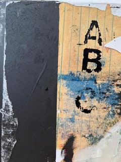 Red Door, abstract collage on board, red and green, with letters