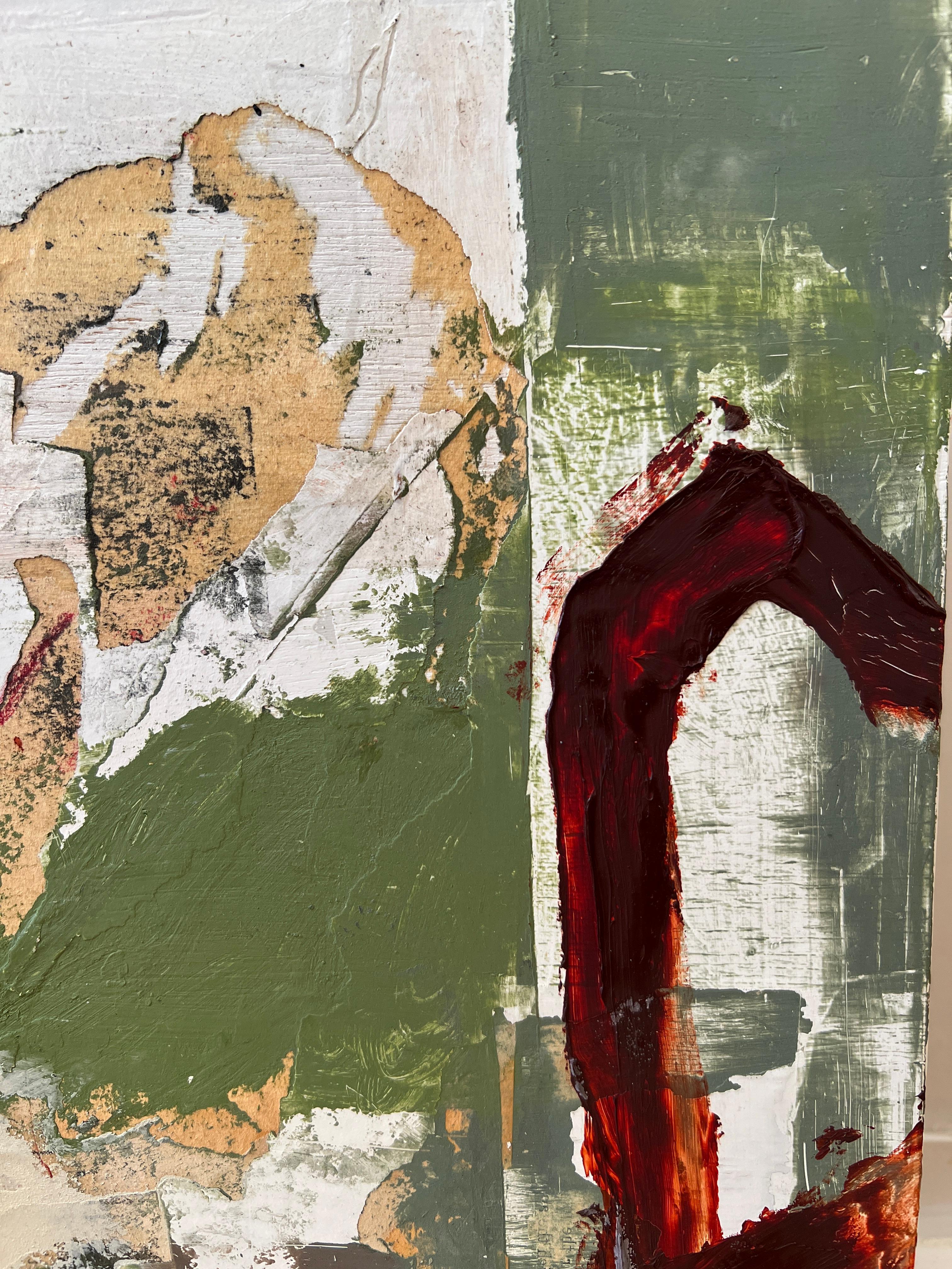 Red Door, abstract collage on board, red and green, with letters For Sale 1