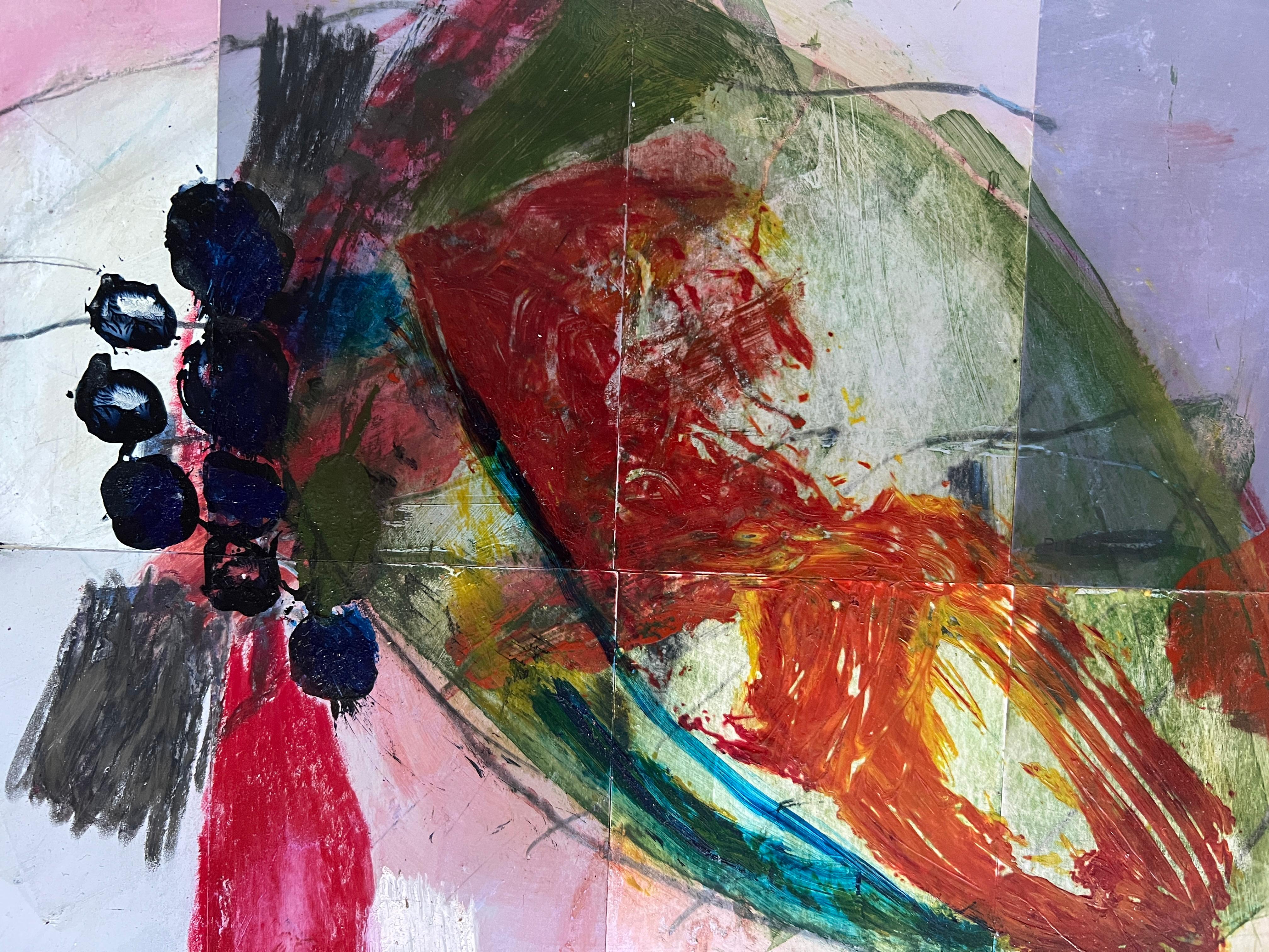 Pod à graines avec baies bleues, collage botanique, rouge, rose et bleu - Moderne Mixed Media Art par Lisa Lightman