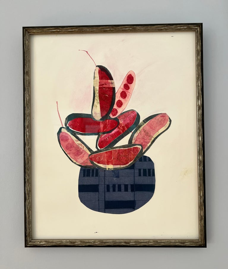 Lisa Lightman - Seed Pods in Blue Flower Pot, Collage, Paper, Fabric ...