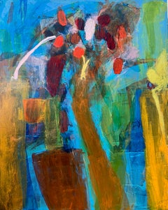 Afternoon Delight, No. 1  blue, pink, red, orange botanical abstract on board