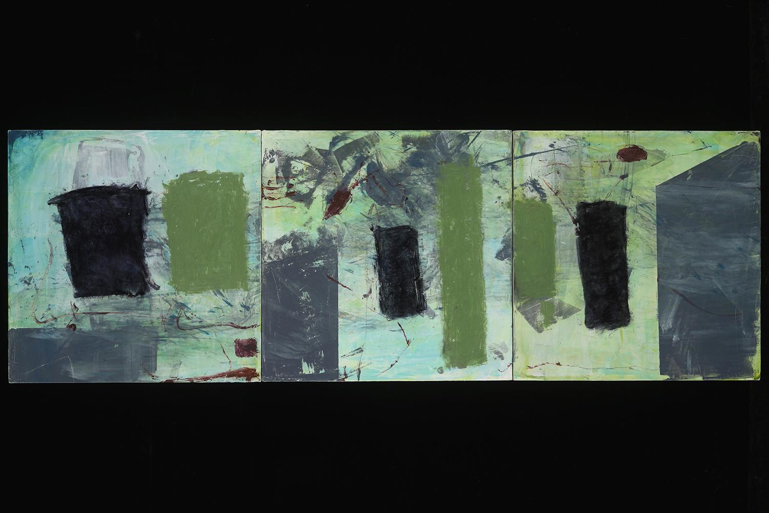 Lisa Lightman Abstract Painting - As It Is: Triptych, abstract on board, blue and green