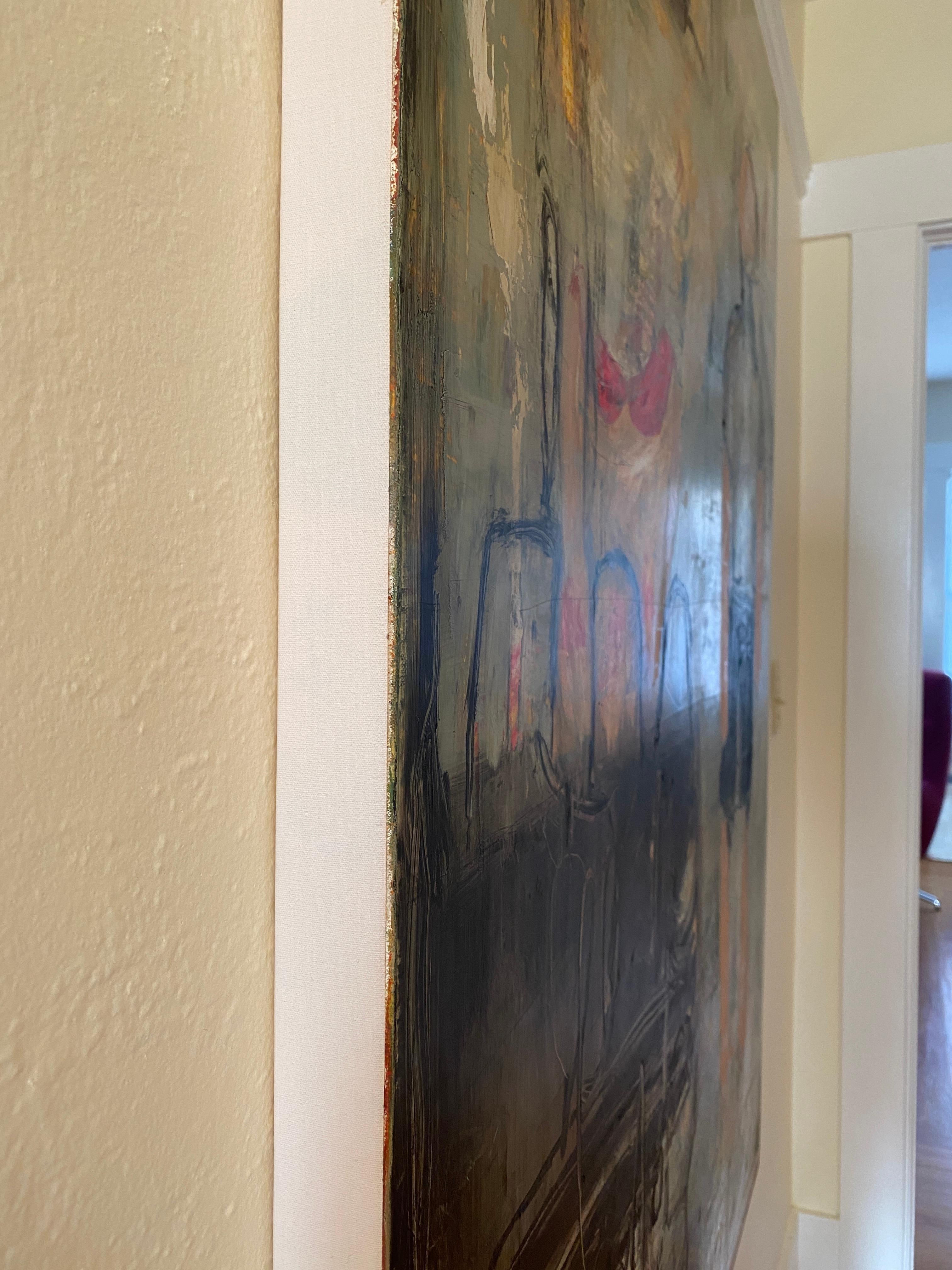 Avant le commencement est une œuvre figurative dont la surface est très texturée.  C'est de la toile sur du carton.  Les côtés ne sont pas encadrés et sont recouverts d'une bande de lin. La zone noire autour de la photographie centrale ne fait pas