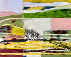 Grass Eight, Landscape, Abstract,  Green Yellow Pink on Board