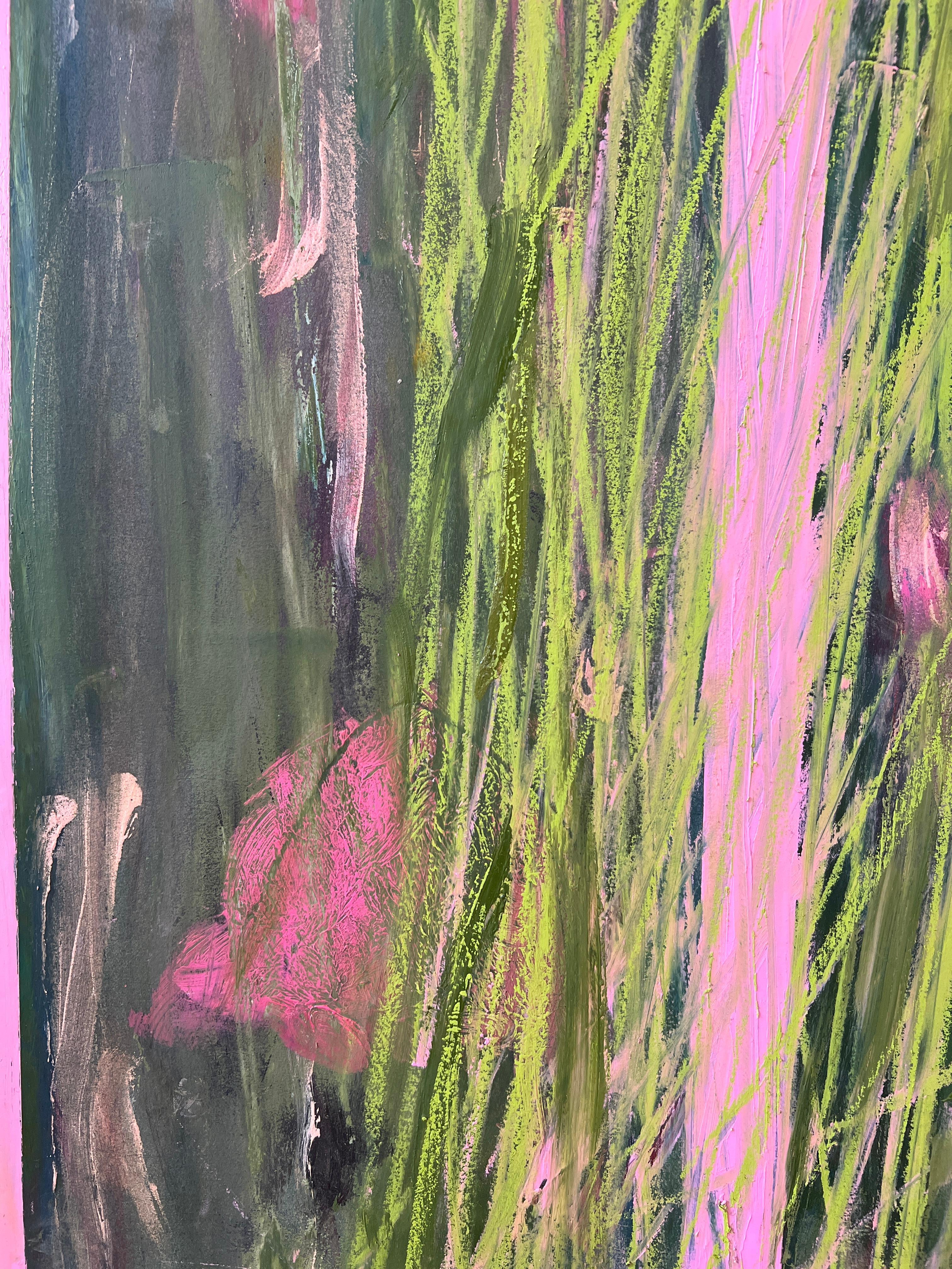 Quatre fleurs roses et vertes sur papier Grass - Painting de Lisa Lightman