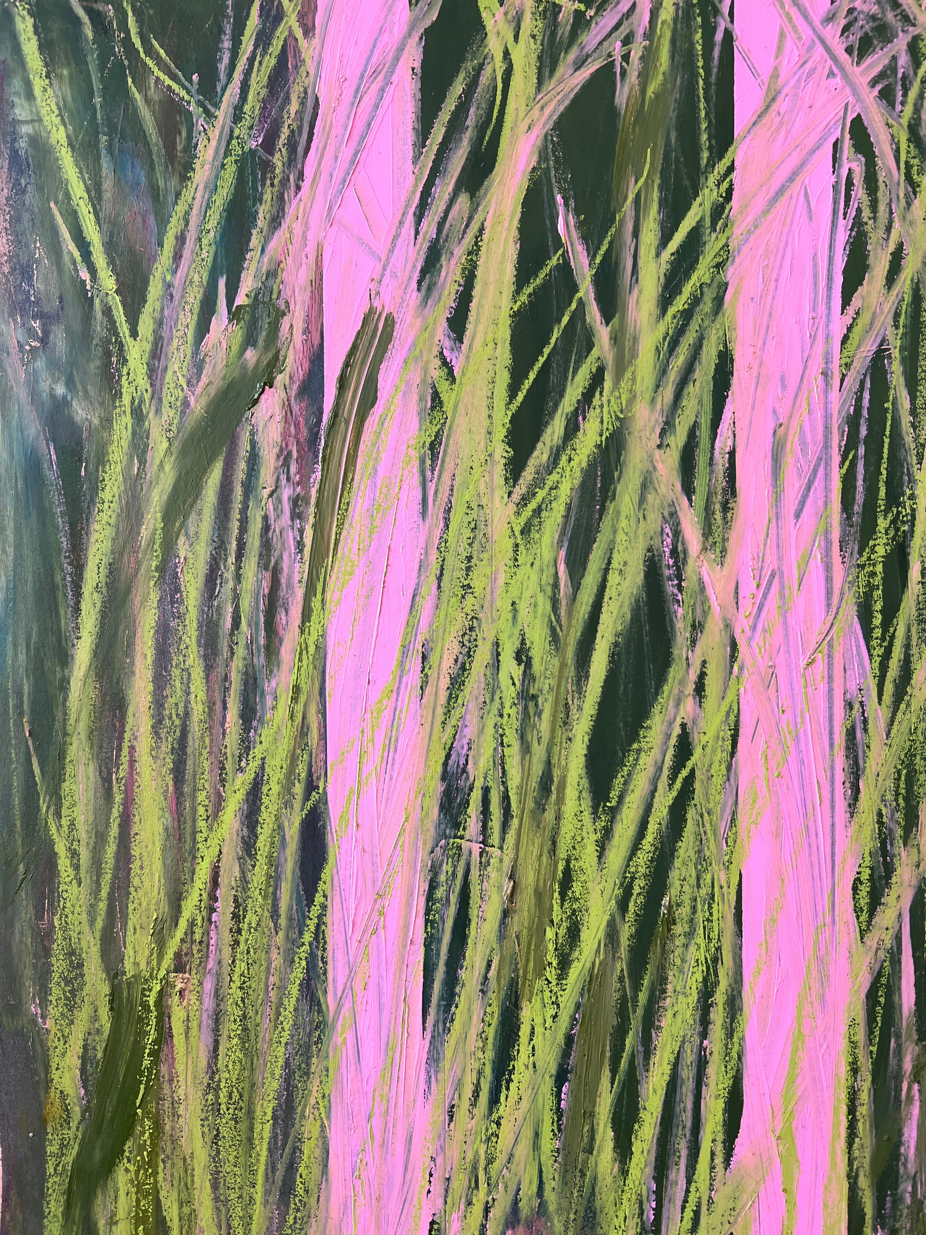Grass Four pink and green botanical on paper - Contemporary Painting by Lisa Lightman