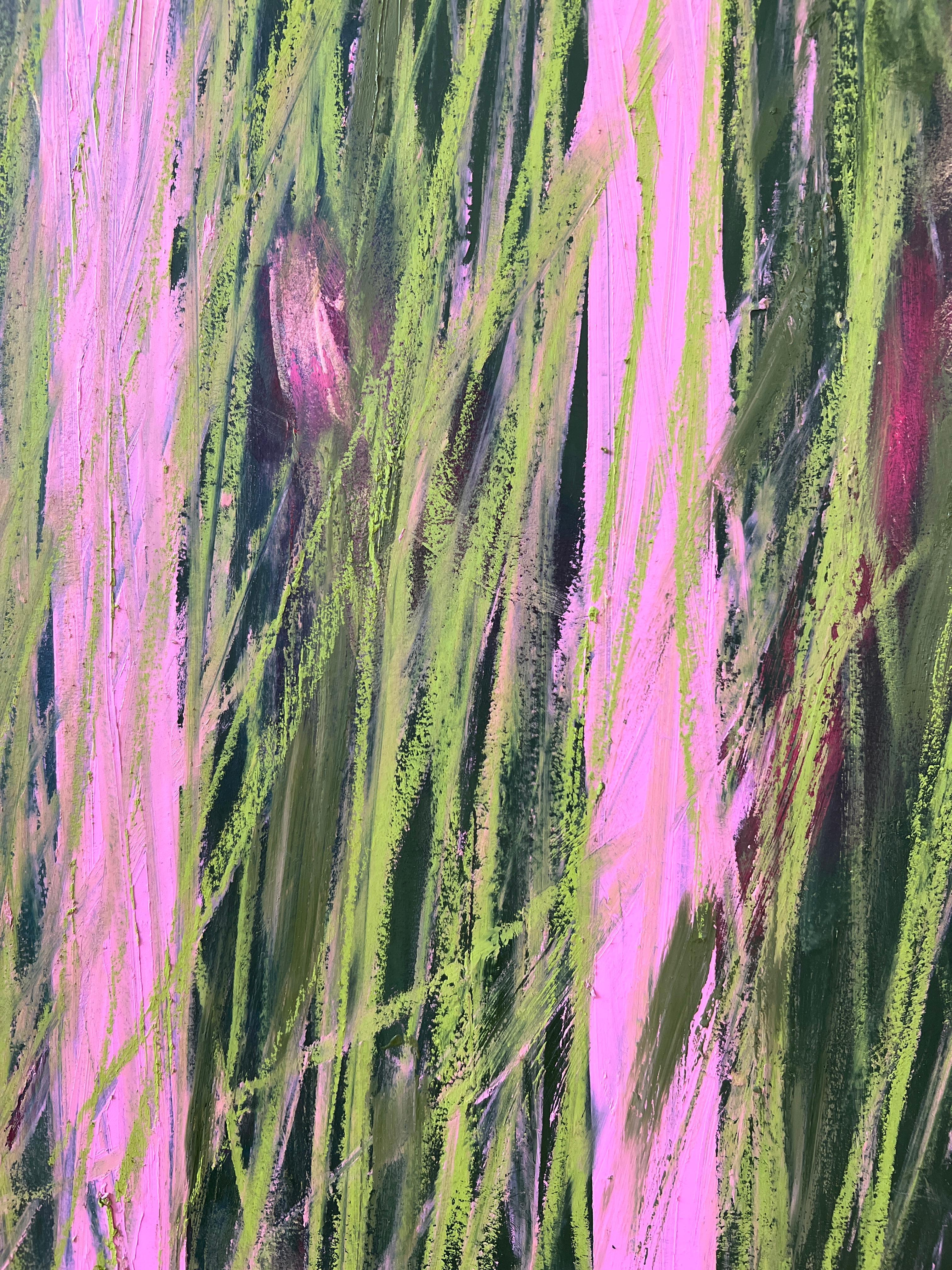 Quatre fleurs roses et vertes sur papier Grass - Marron Landscape Painting par Lisa Lightman