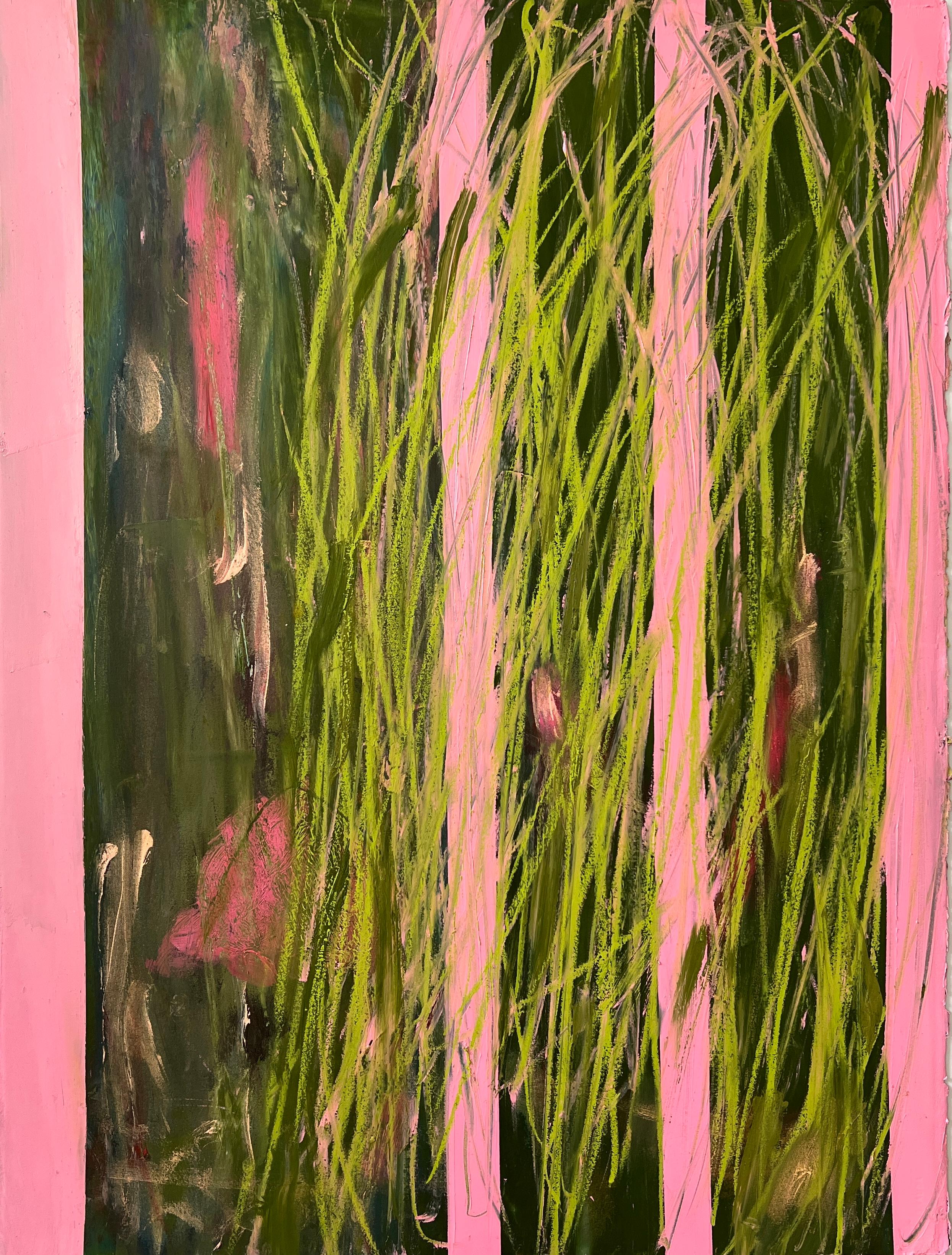 Lisa Lightman Landscape Painting - Grass Four pink and green botanical on paper