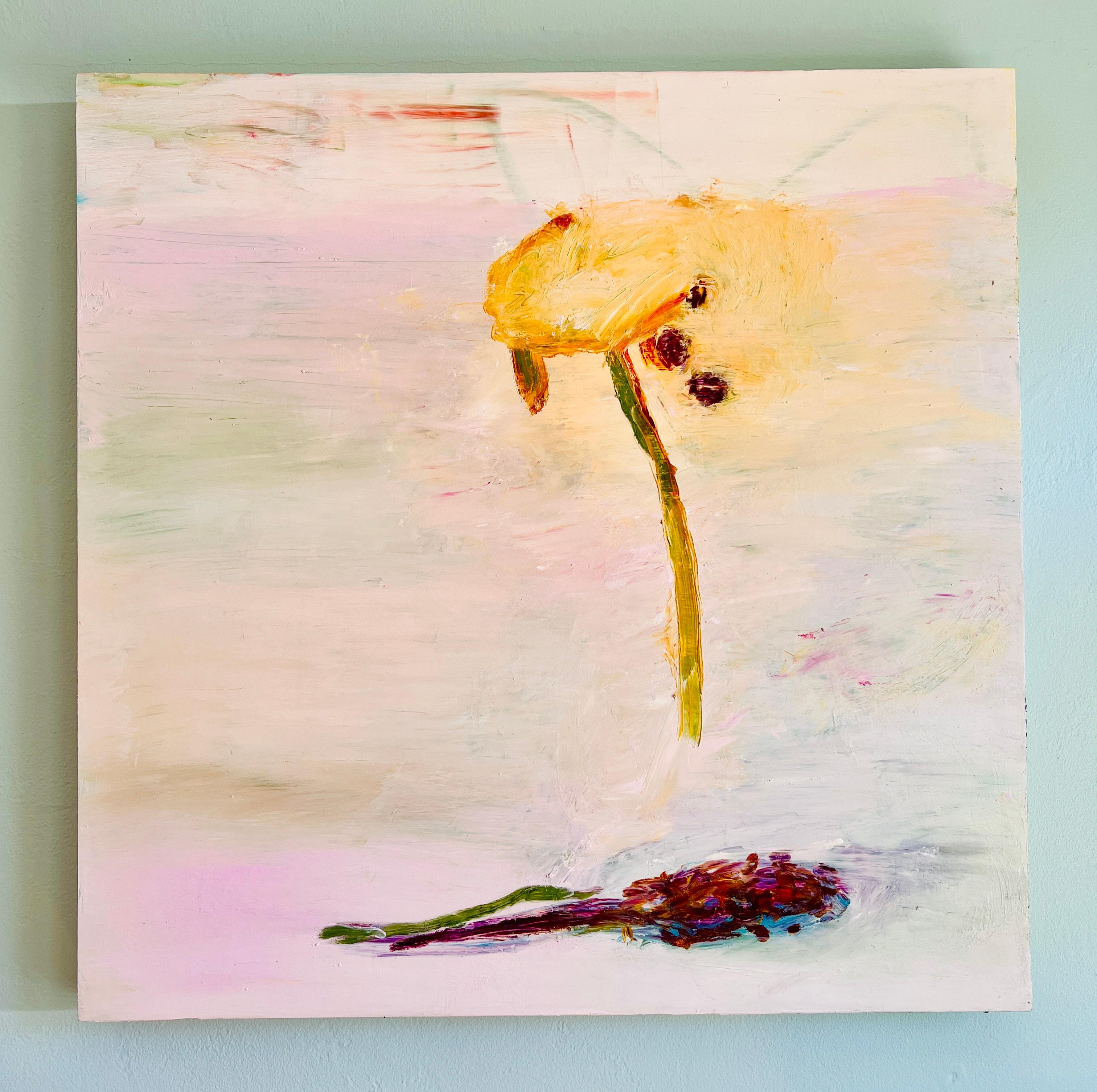 Transformation, botanical, pink, white, flowers, square - Painting by Lisa Lightman