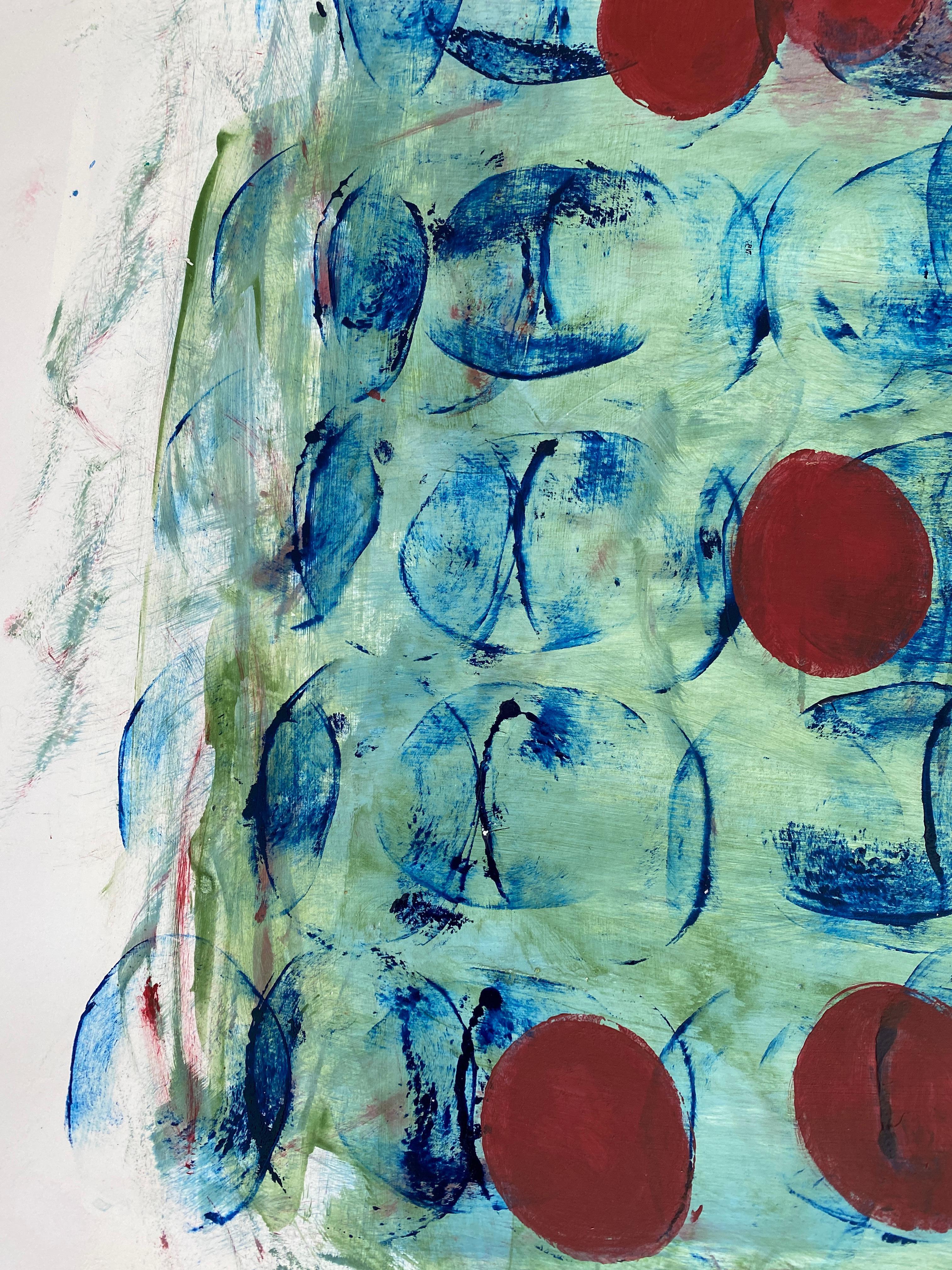 Sous l'eau : cercles rouges contre fond bleu  - Painting de Lisa Lightman
