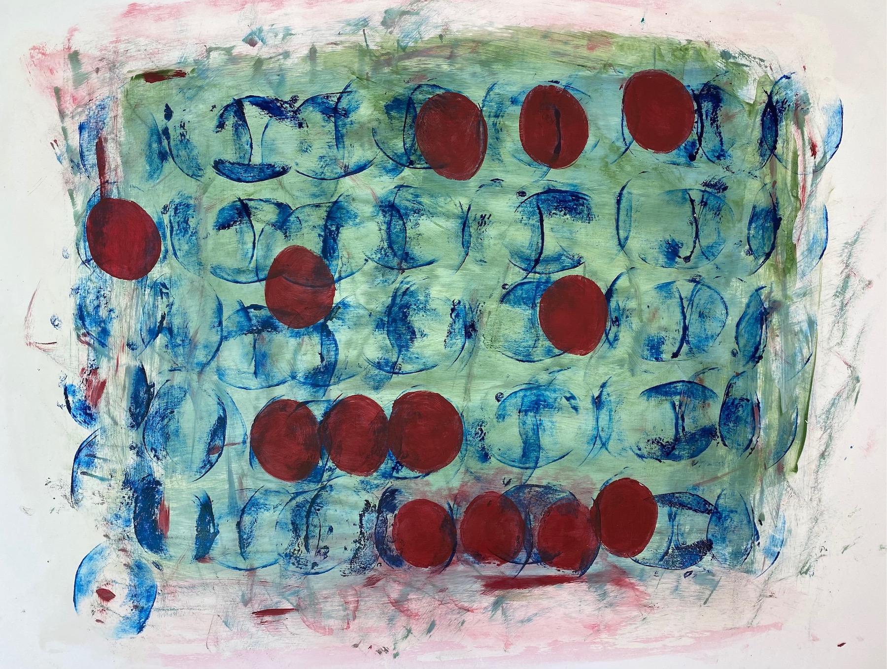 Lisa Lightman Abstract Painting - Underwater: Red Circles Against Blue Background 